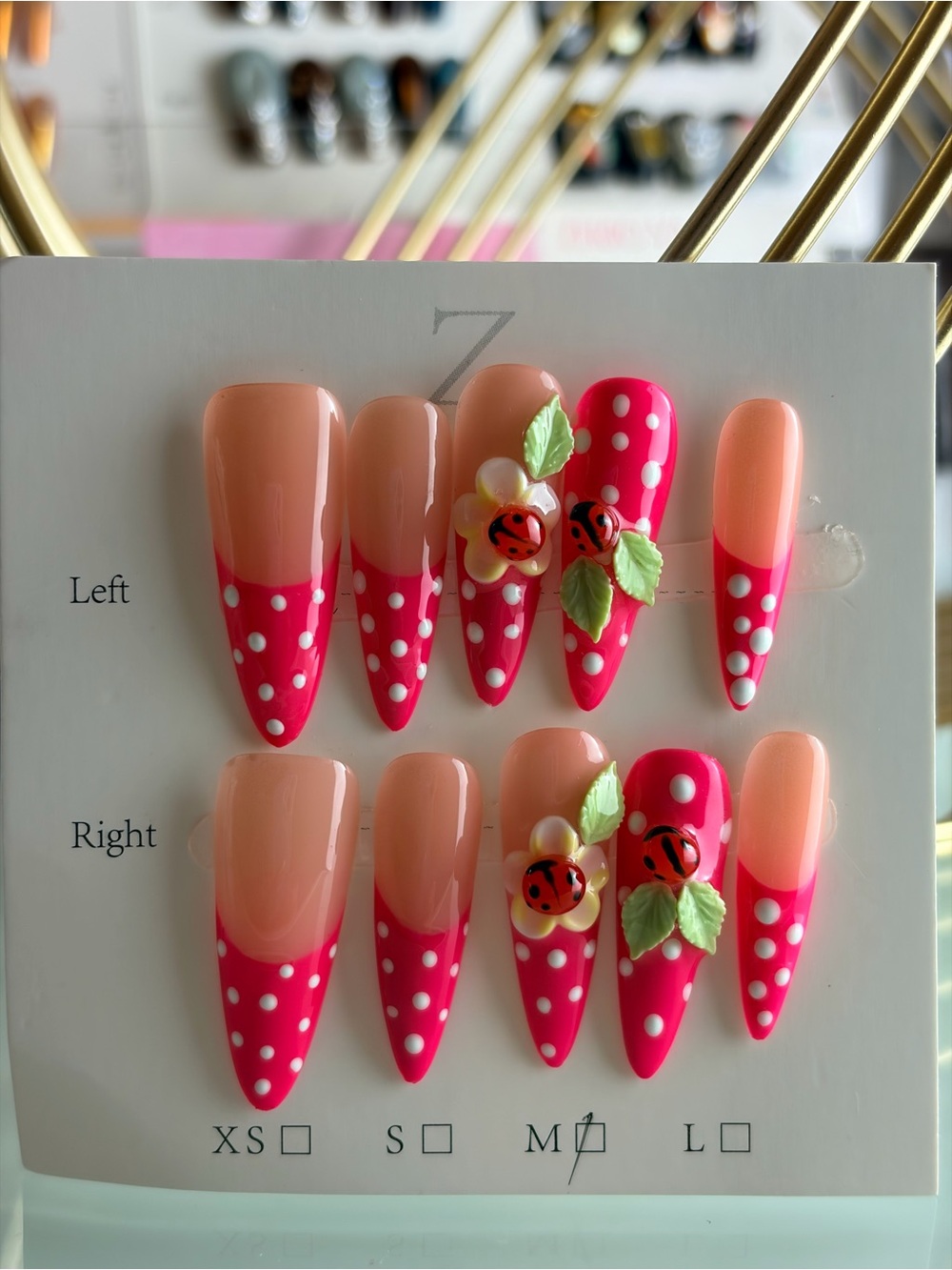 Hot Pink Polka Dot Stiletto Press-On Nails with Ladybug Accents Medium